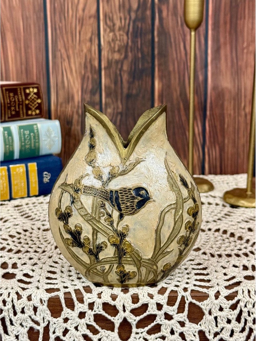 Vintage Solid Brass Tulip-Shaped Bird & Floral Vase – 5.5″